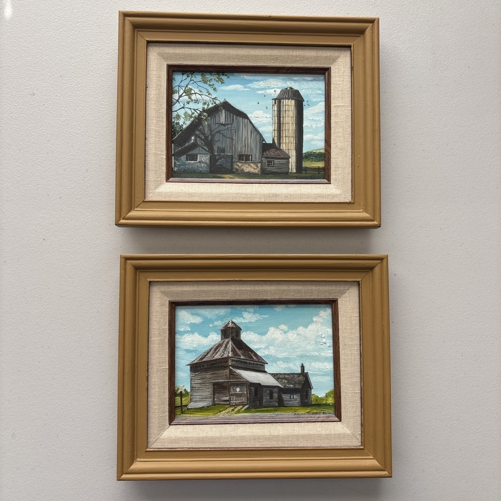 Set of 2 Original Oil Paintings Farm Country Cottagecore Framed Artist Signed